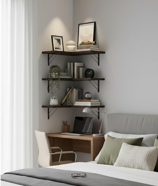 Floating Shelves for Wall Set of 5 Intersecting Wall Mounted Wall Shelf Solid Wood Floating Shelves Wall Decor for Bedroom, Room, Living Room, Kitchen Bedroom (Brown) - Image 3